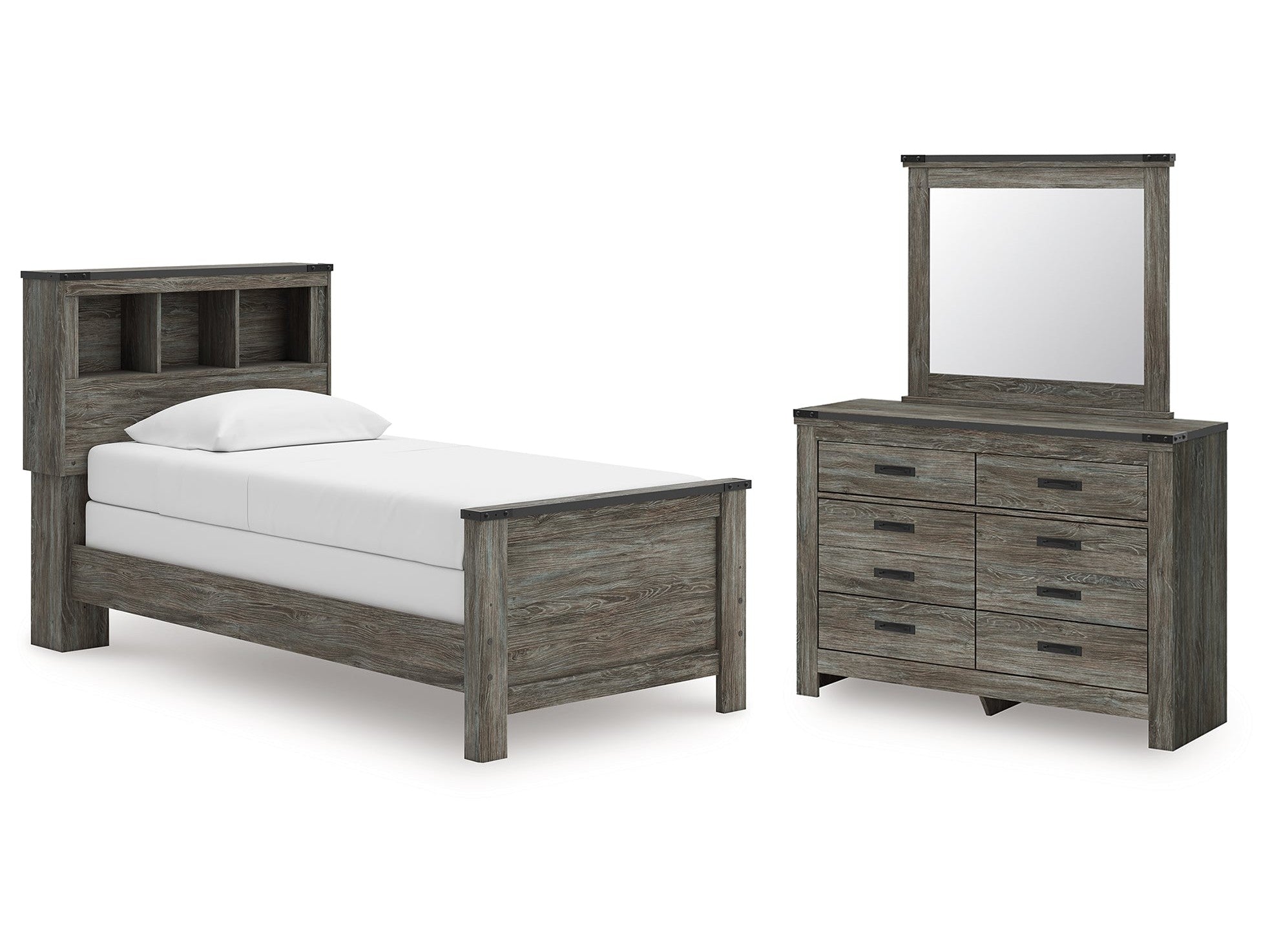 Frandern Gray Twin Bookcase Bed, Dresser and Mirror