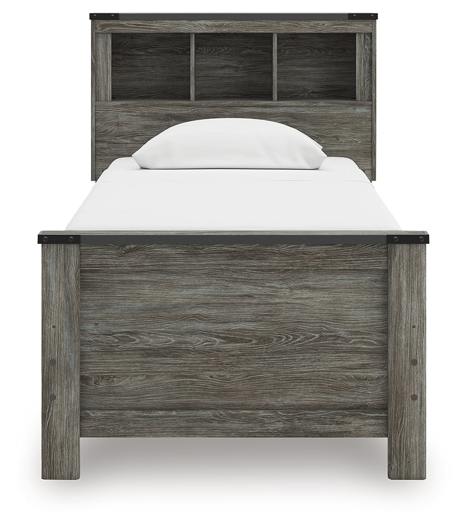 Frandern Gray Twin Bookcase Bed, Dresser and Mirror