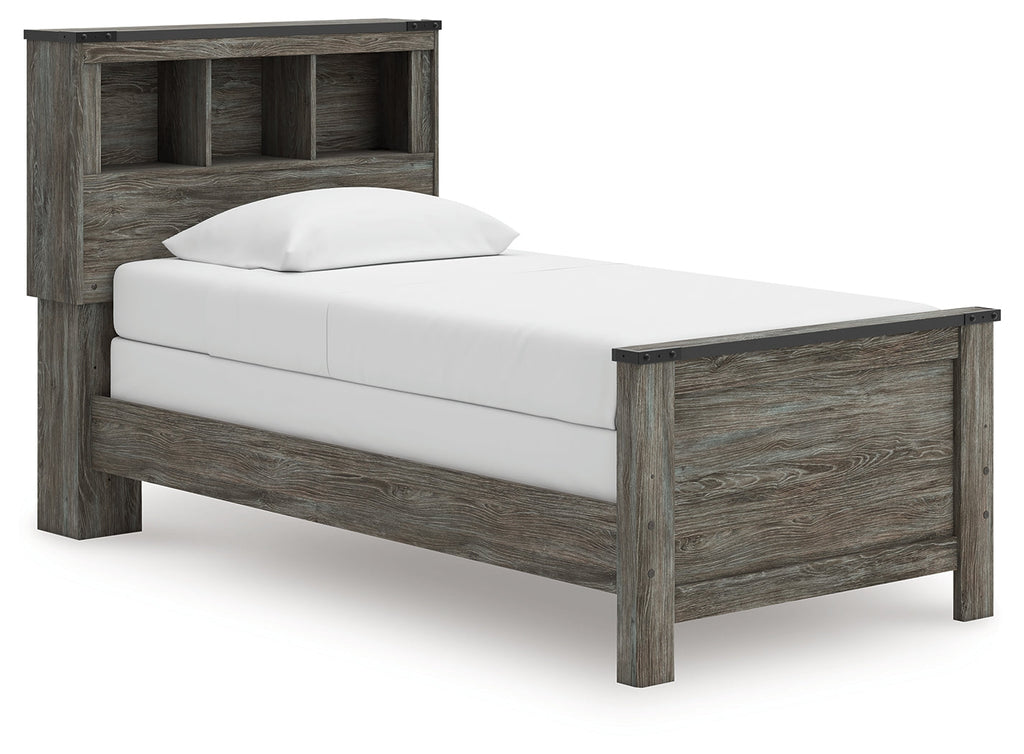 Frandern Gray Twin Bookcase Bed, Dresser and Mirror