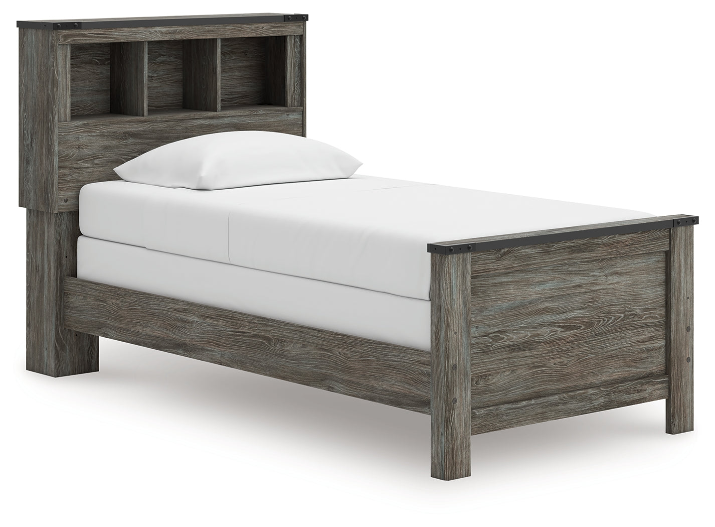 Frandern Gray Twin Bookcase Bed, Dresser and Mirror
