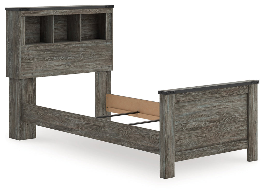 Frandern Gray Twin Bookcase Bed, Dresser and Mirror