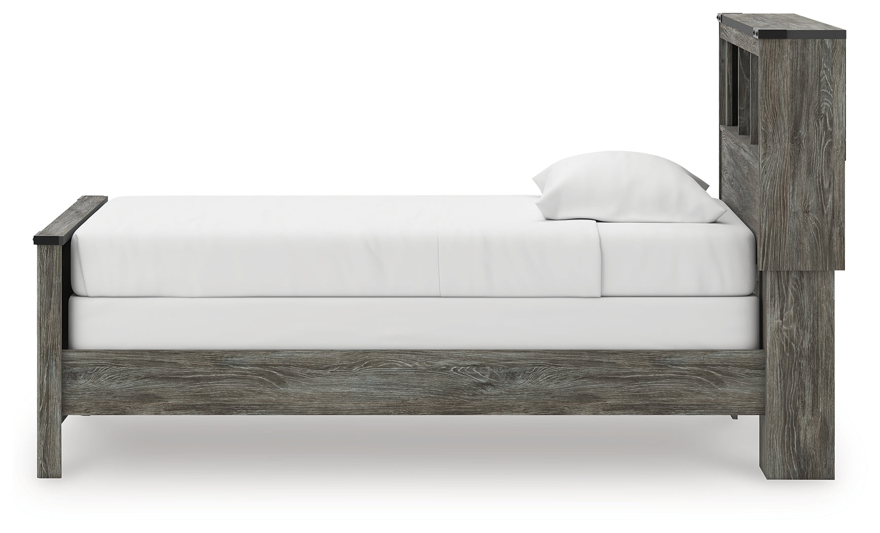 Frandern Gray Twin Bookcase Bed, Dresser and Mirror