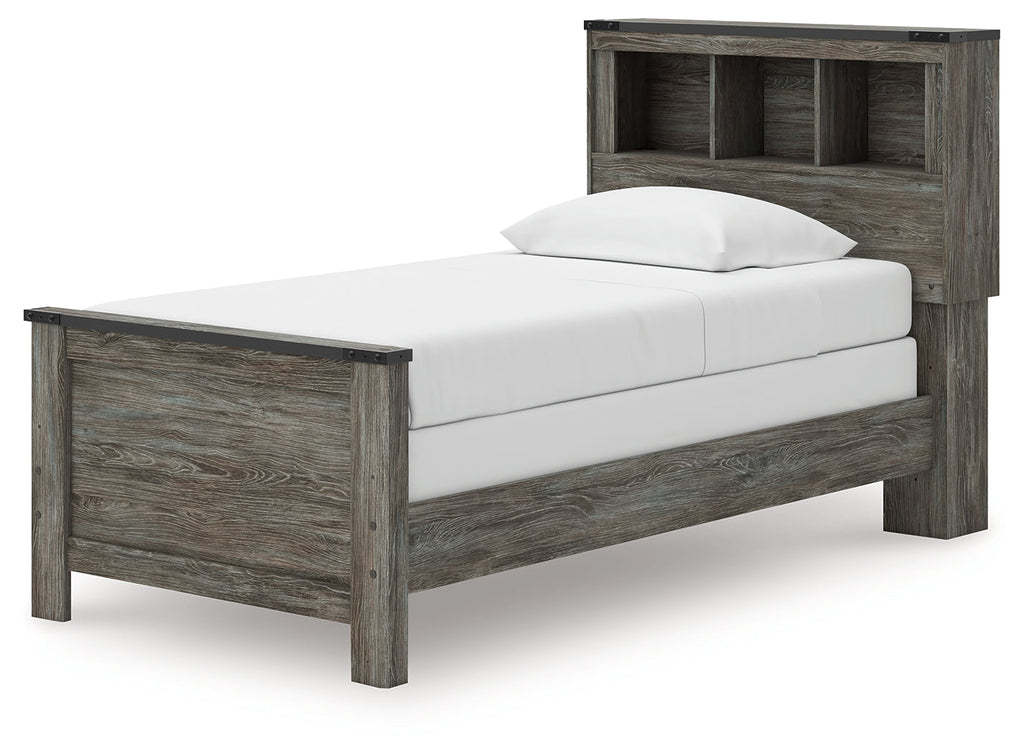 Frandern Gray Twin Bookcase Bed, Dresser and Mirror