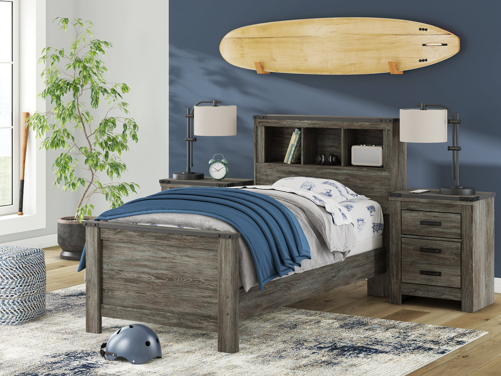 Frandern Gray Twin Bookcase Bed, Dresser and Mirror