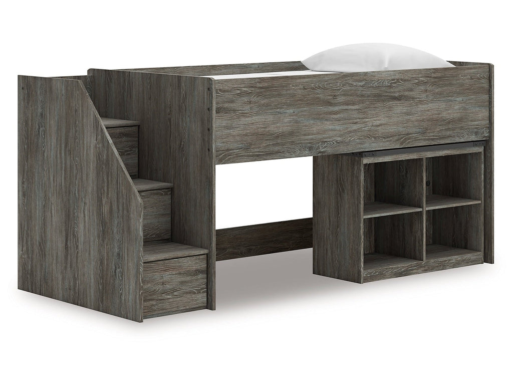 Frandern Gray Twin Loft Bed with Bookcase Storage