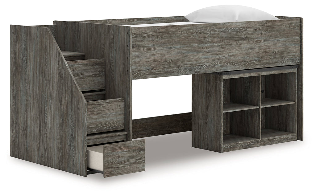 Frandern Gray Twin Loft Bed with Bookcase Storage