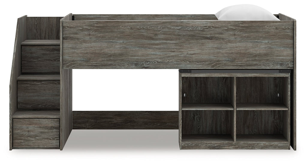 Frandern Gray Twin Loft Bed with Bookcase Storage