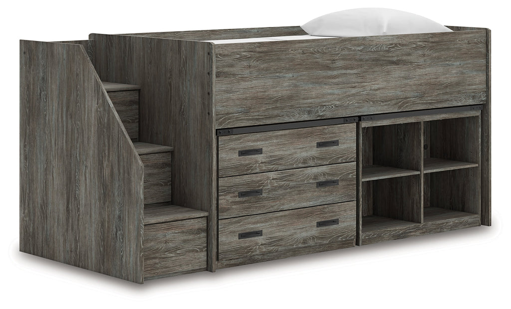 Frandern Gray Twin Loft Bed with Bookcase and Drawer Storage