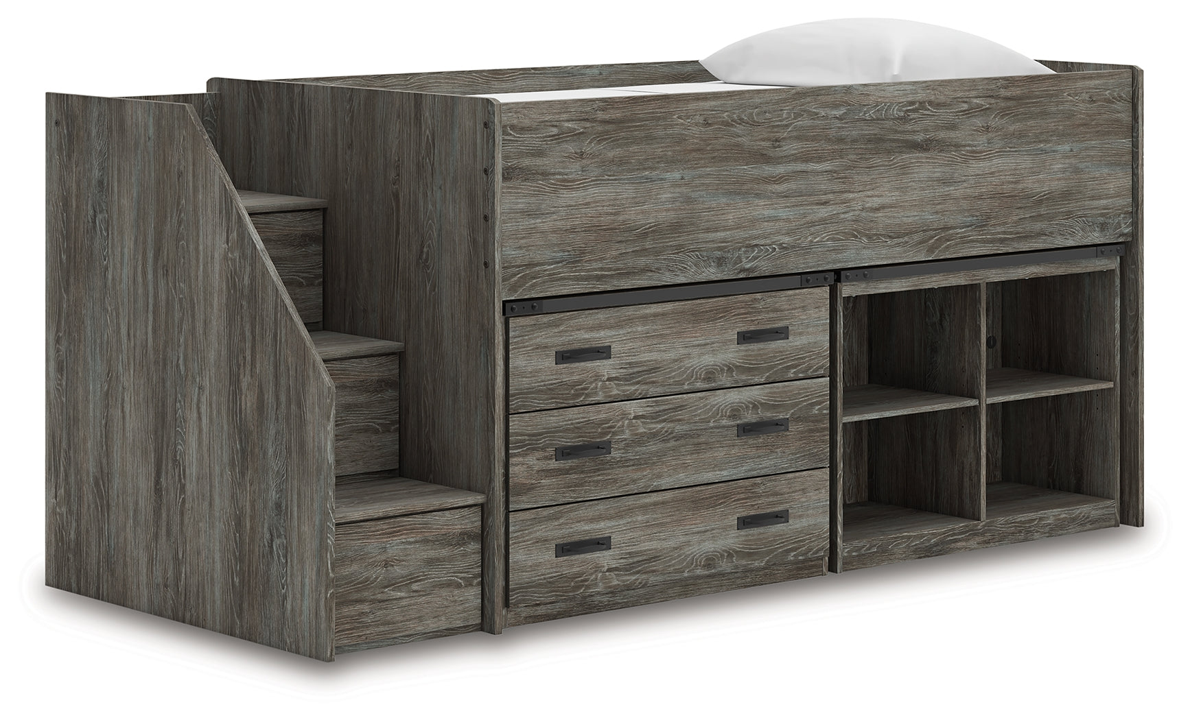 Frandern Gray Twin Loft Bed with Bookcase and Drawer Storage