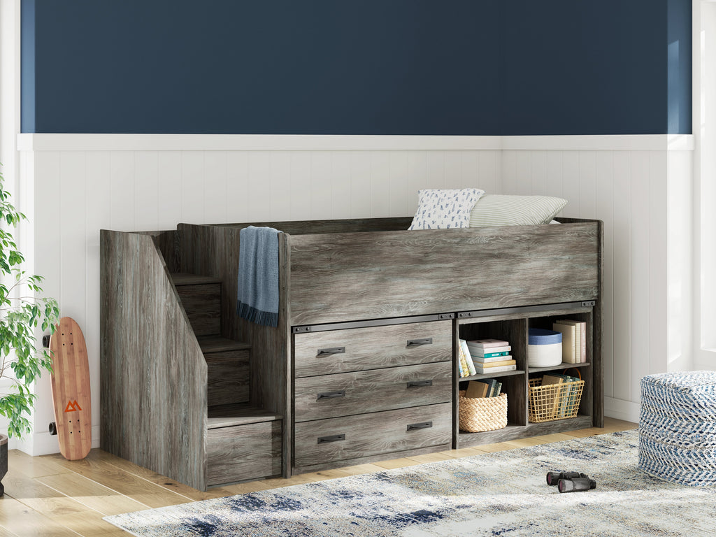 Frandern Gray Twin Loft Bed with Bookcase and Drawer Storage