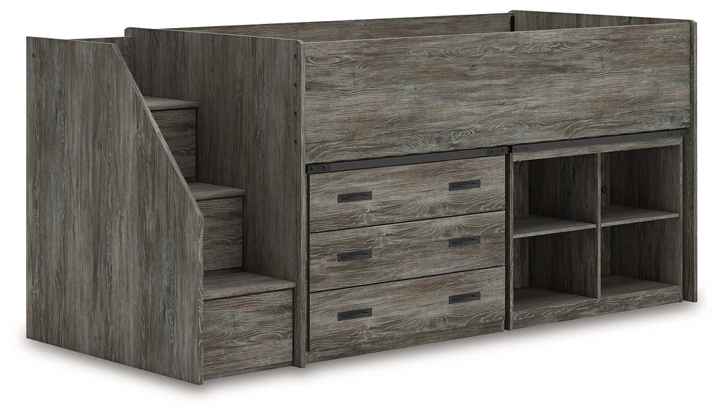Frandern Gray Twin Loft Bed with Bookcase and Drawer Storage