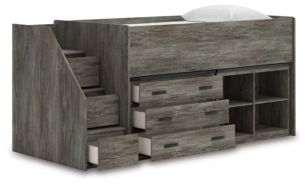 Frandern Gray Twin Loft Bed with Bookcase and Drawer Storage