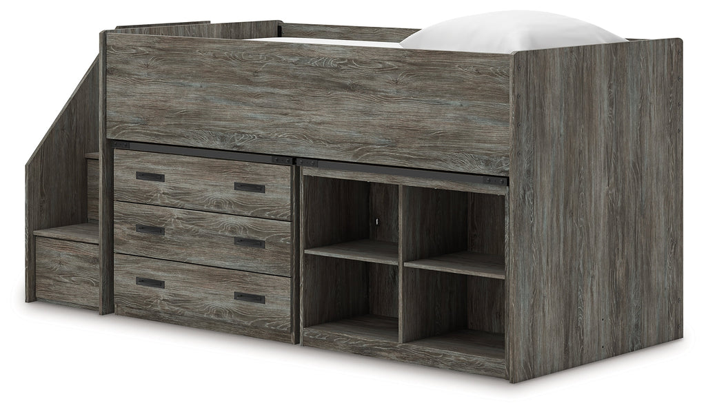 Frandern Gray Twin Loft Bed with Bookcase and Drawer Storage