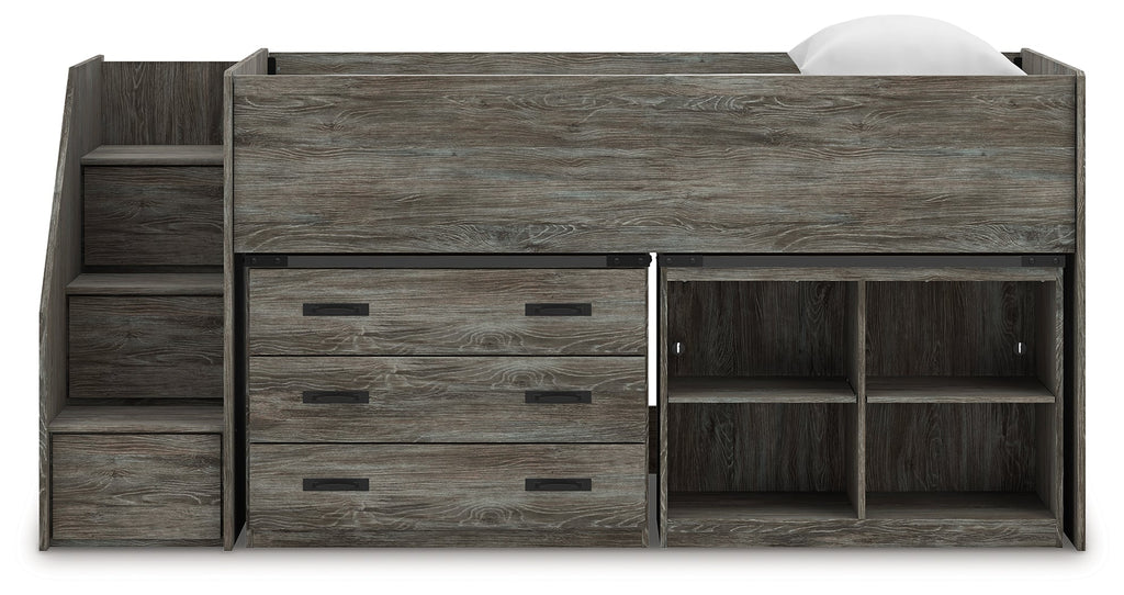 Frandern Gray Twin Loft Bed with Bookcase and Drawer Storage
