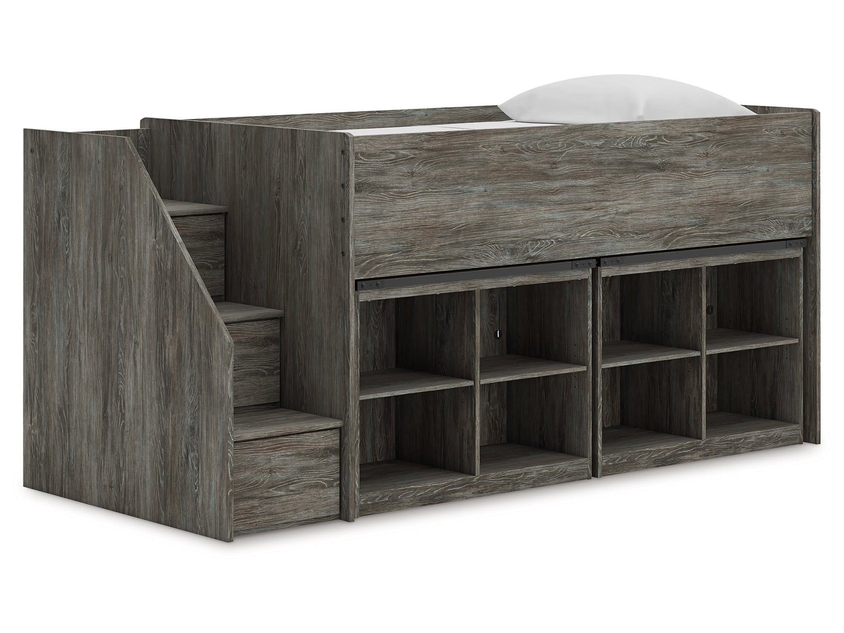 Frandern Warm Gray Twin Loft Bed with Bookcase Storage