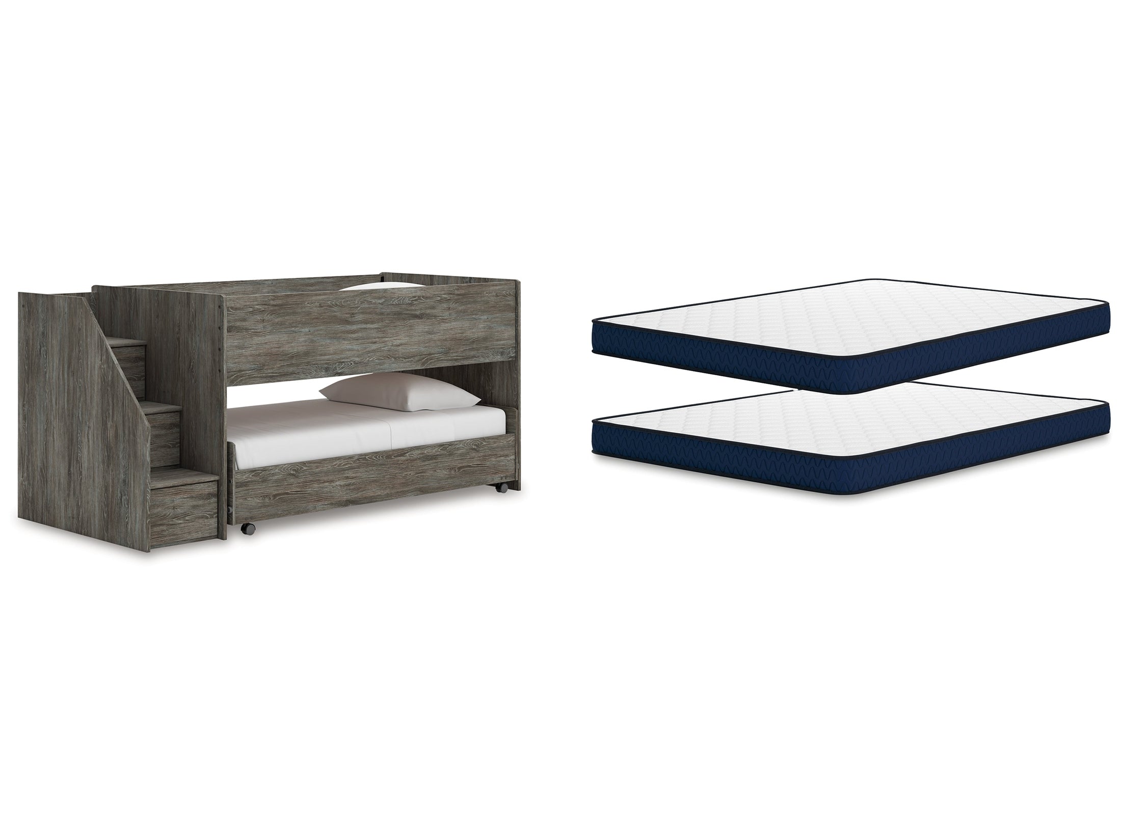 Frandern Warm Gray Twin Over Twin Loft Bed and Mattresses