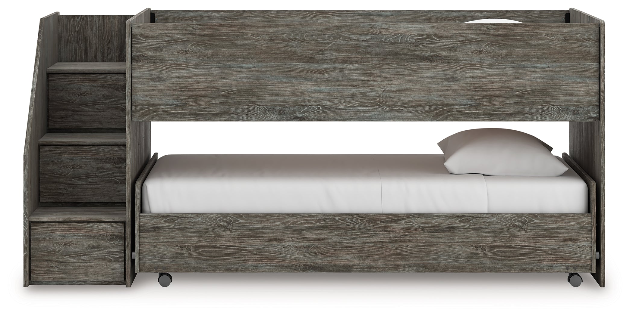 Frandern Warm Gray Twin Over Twin Loft Bed and Mattresses