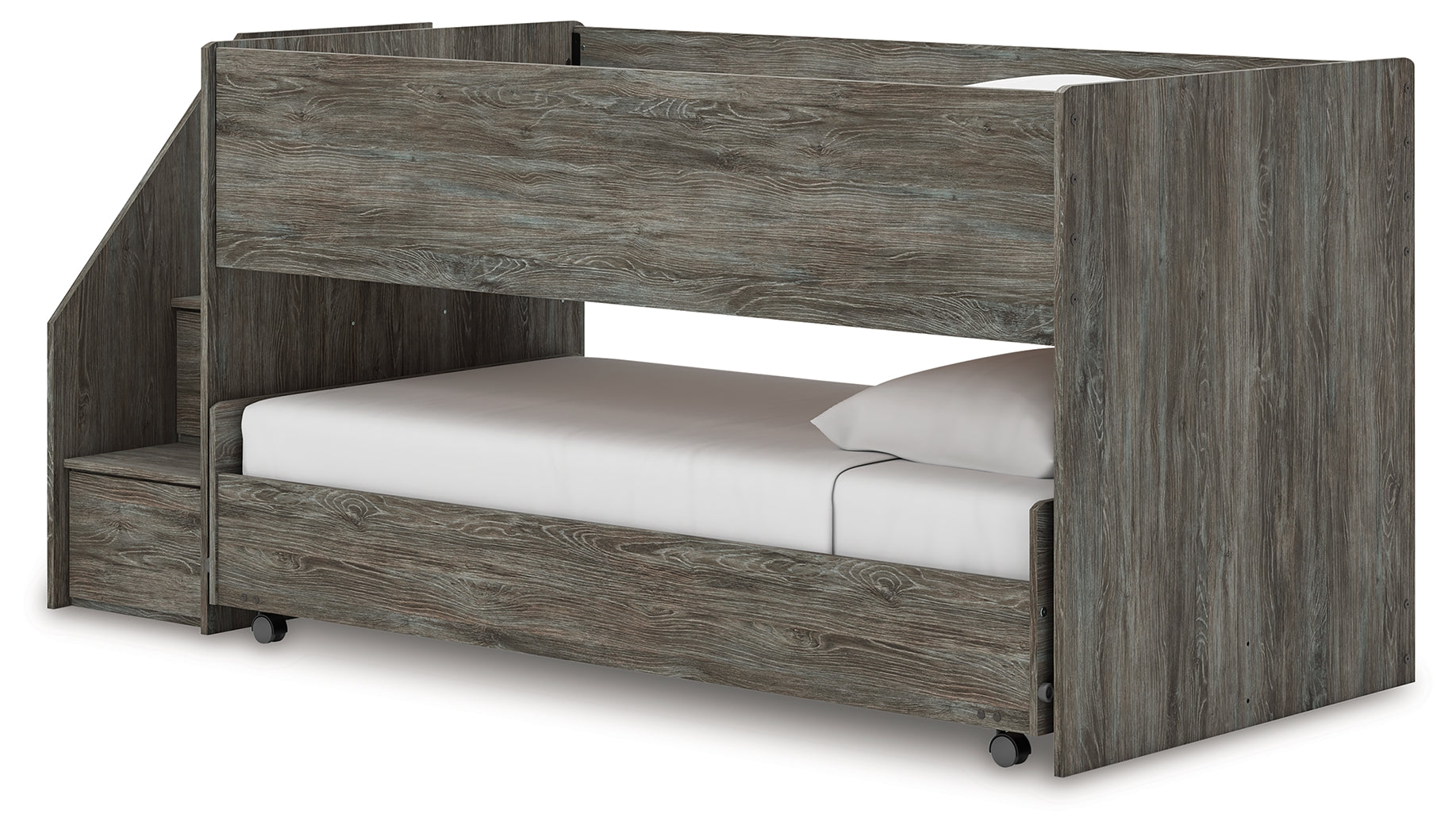 Frandern Warm Gray Twin Over Twin Loft Bed and Mattresses