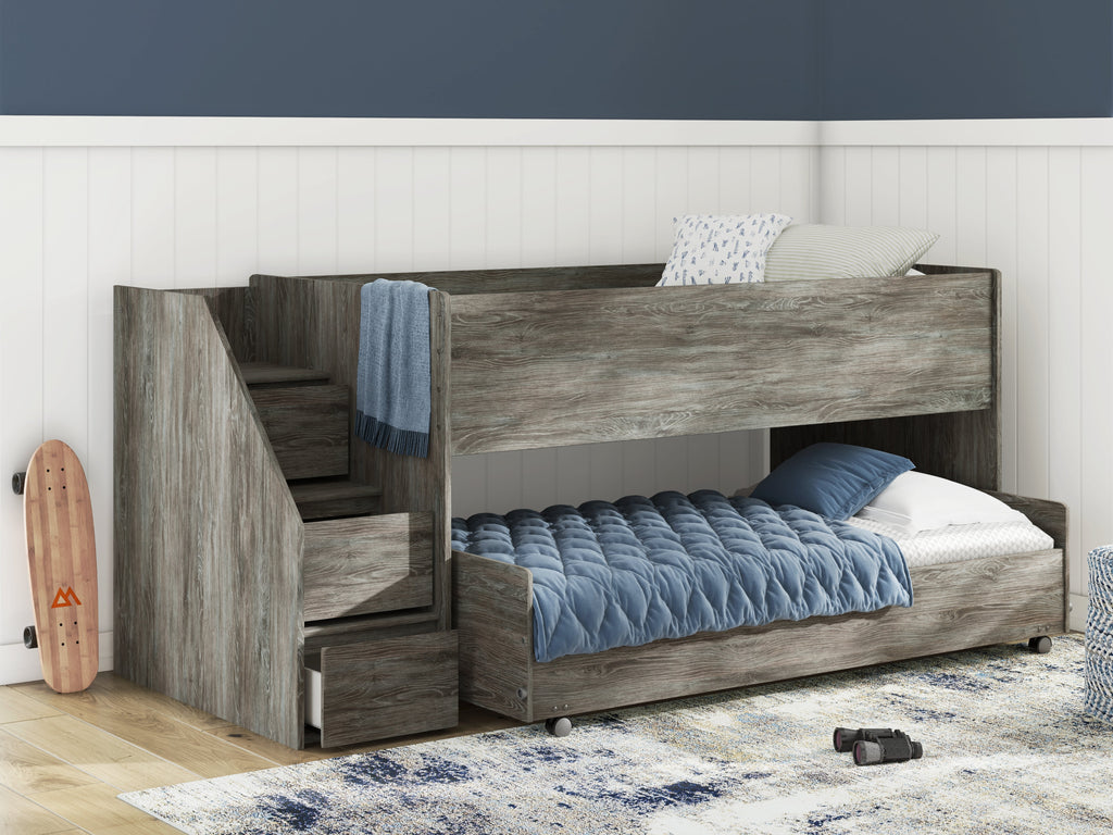 Frandern Warm Gray Twin Over Twin Loft Bed and Mattresses