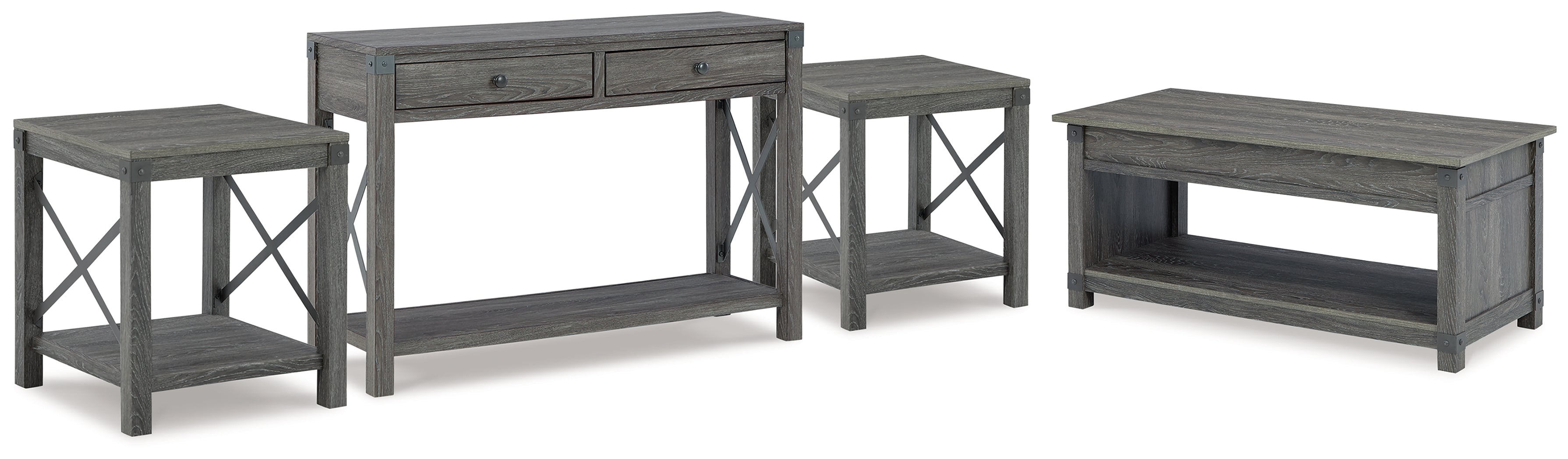 Freedan Grayish Brown Lift-top Coffee Table, 2 End Tables and Console