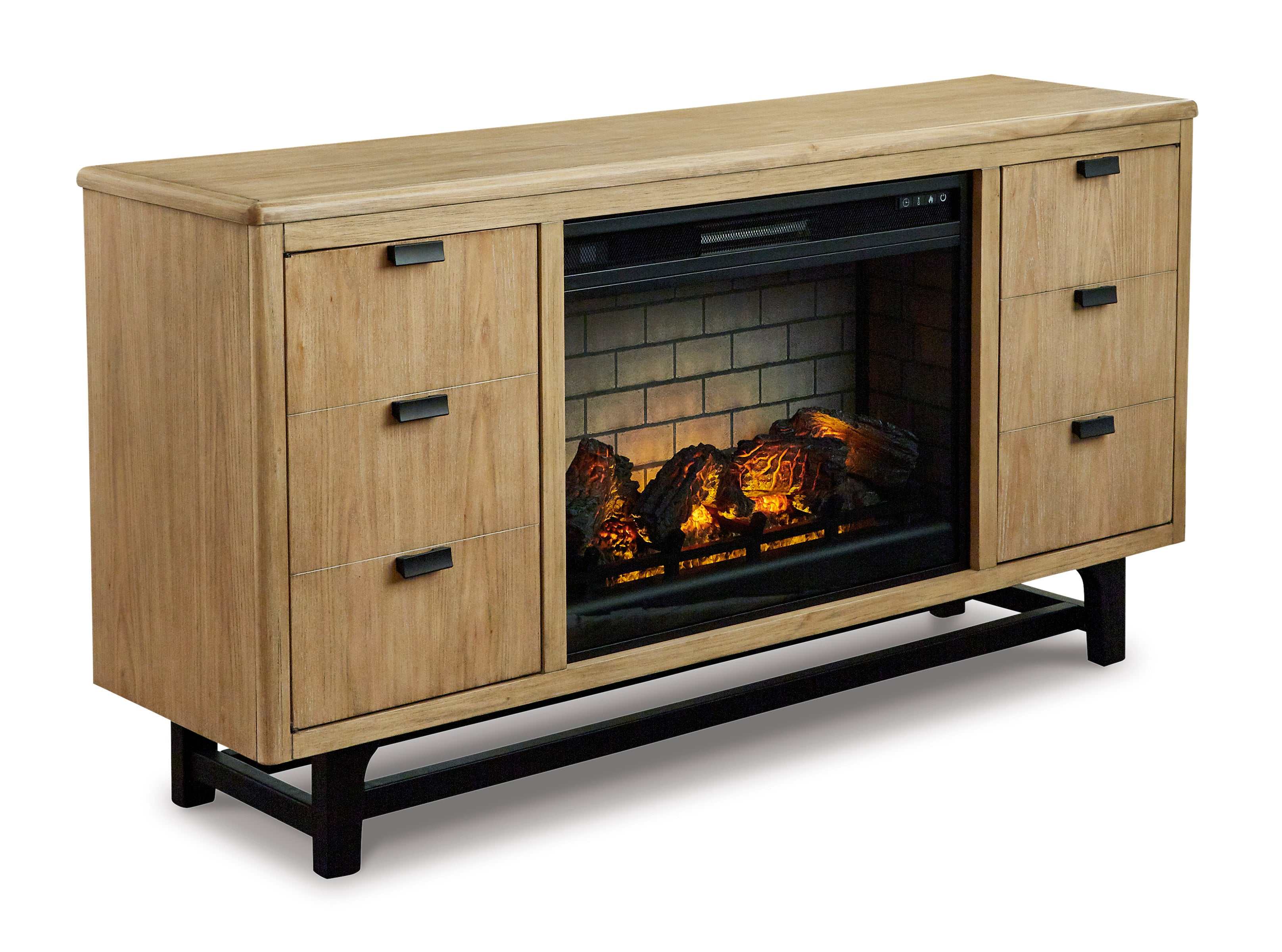 Freslowe Light & Black Large TV Stand w/ Electric Fireplace Insert, Brown
