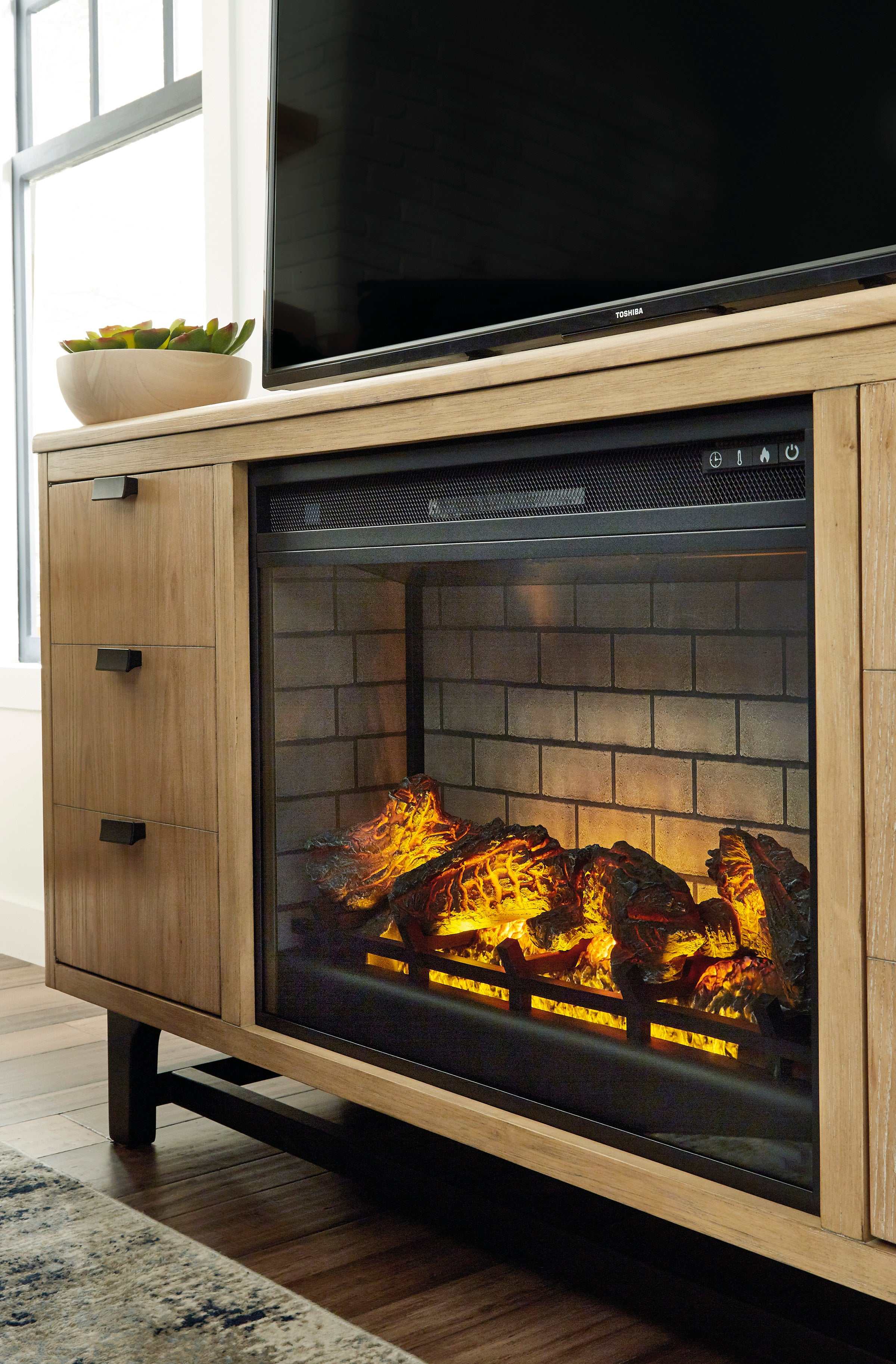 Freslowe Light & Black Large TV Stand w/ Electric Fireplace Insert, Brown