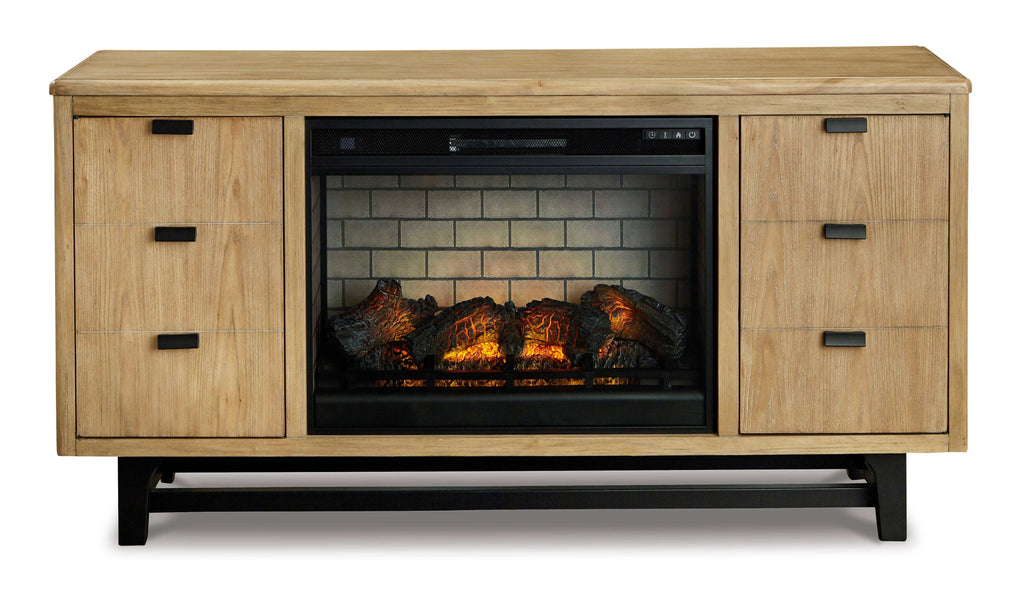 Freslowe Light & Black Large TV Stand w/ Electric Fireplace Insert, Brown