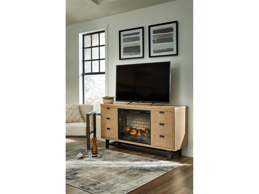 Freslowe Light & Black Large TV Stand w/ Electric Fireplace Insert, Brown