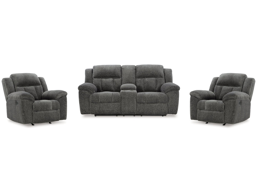 Frohn Graphite Reclining Loveseat with Console and 2 Recliners