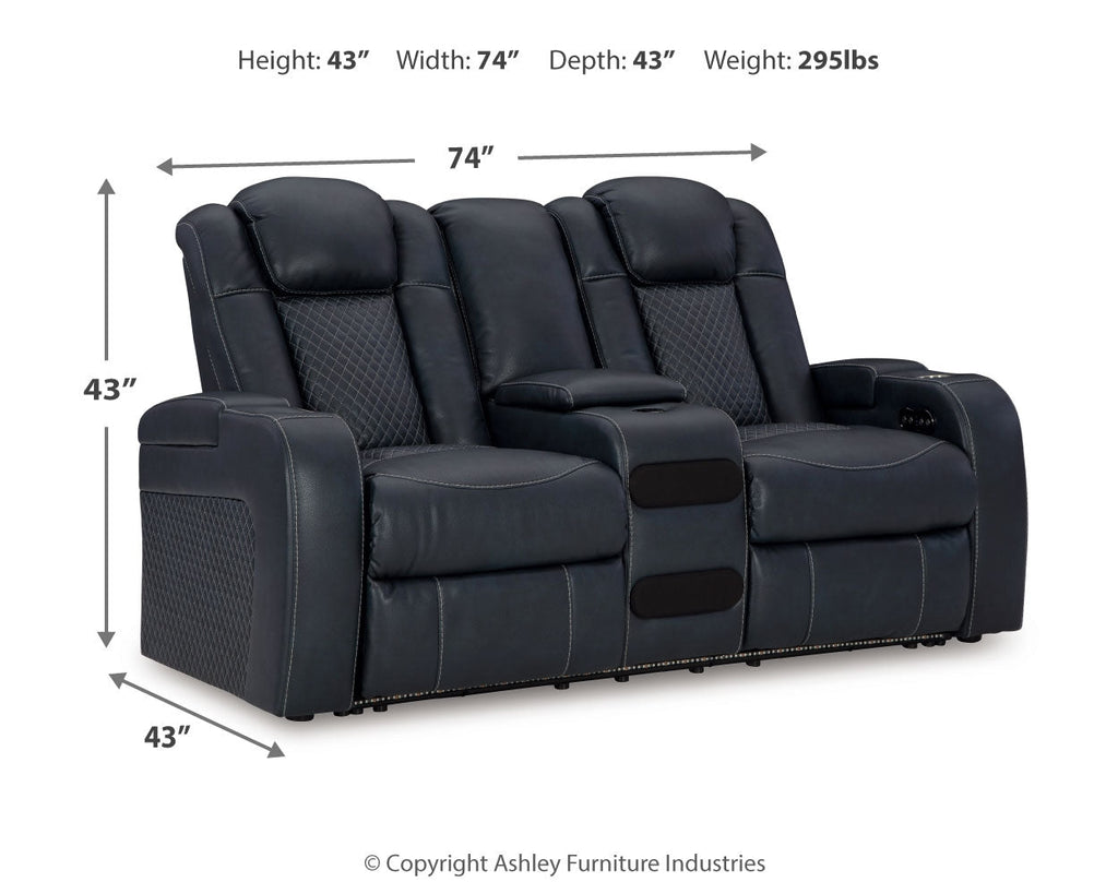 Fyne-Dyme Sapphire Power Reclining Loveseat with Console