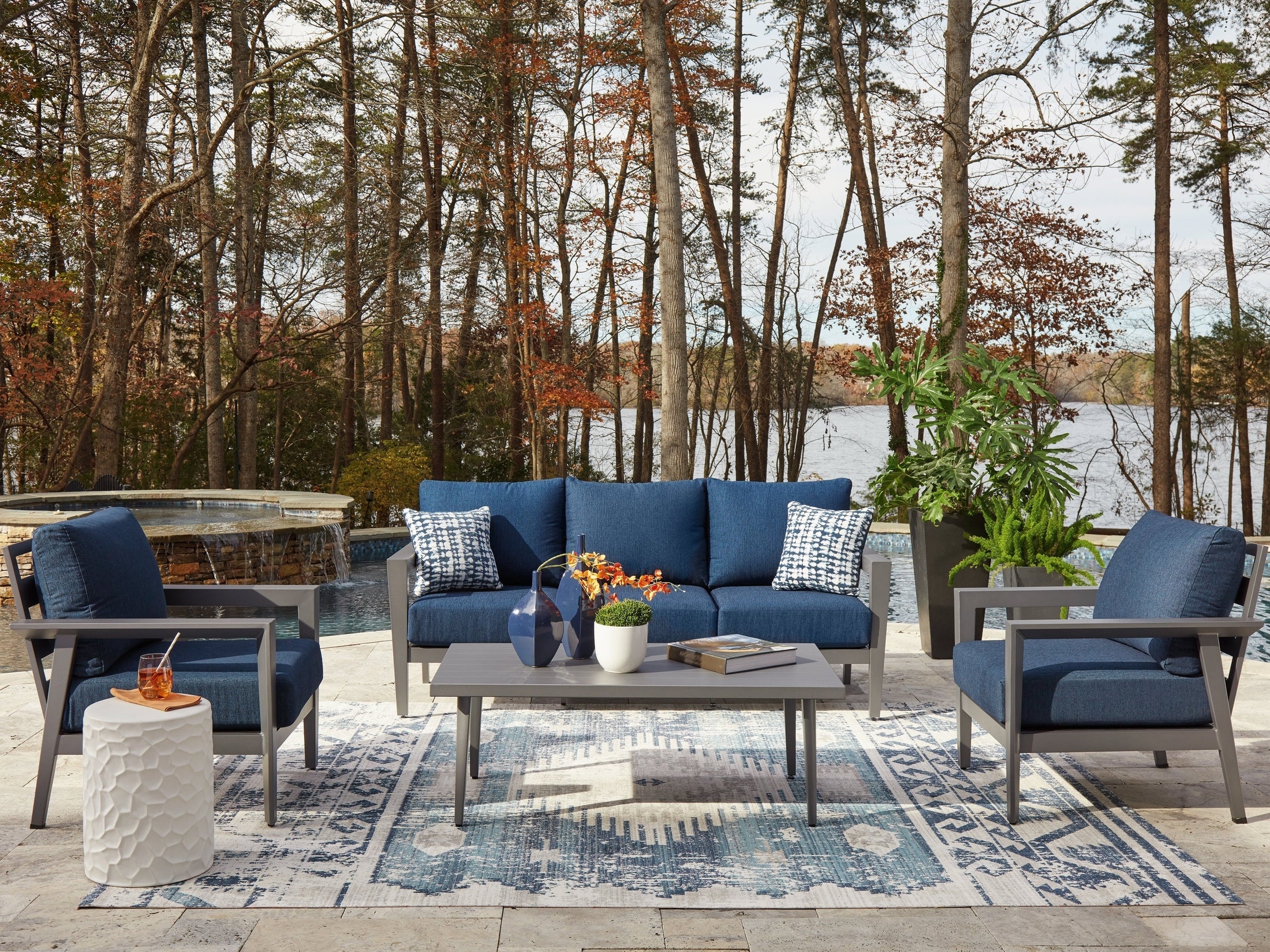 Gali Gray/Blue Outdoor Sofa/Chairs/Table Set (Set of 4)