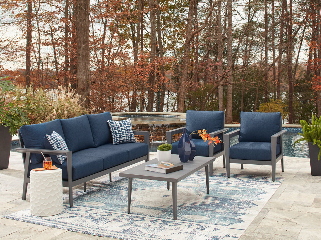 Gali Gray/Blue Outdoor Sofa/Chairs/Table Set (Set of 4)