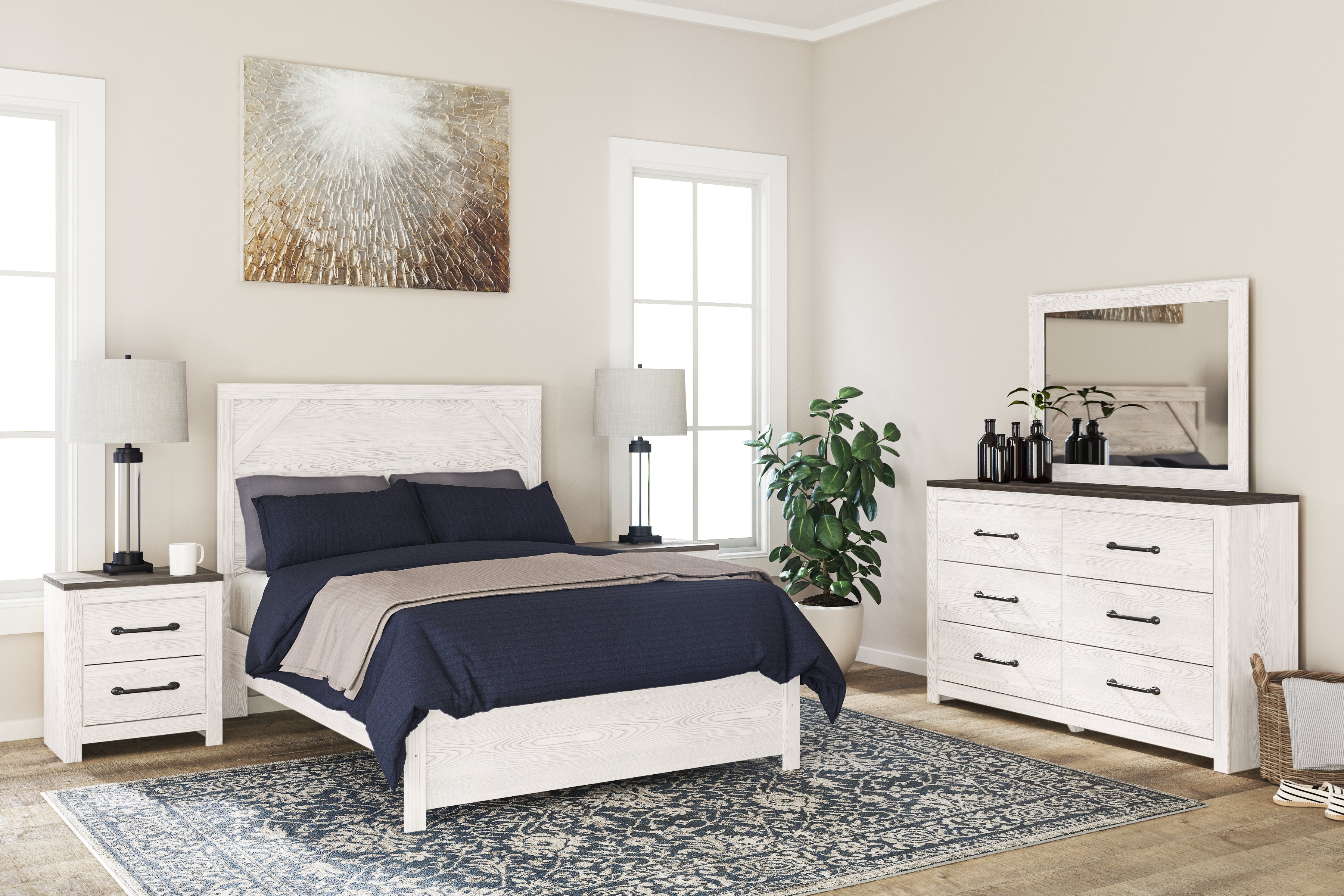 Gerridan White/Gray Full Panel Bed with Dresser and Mirror