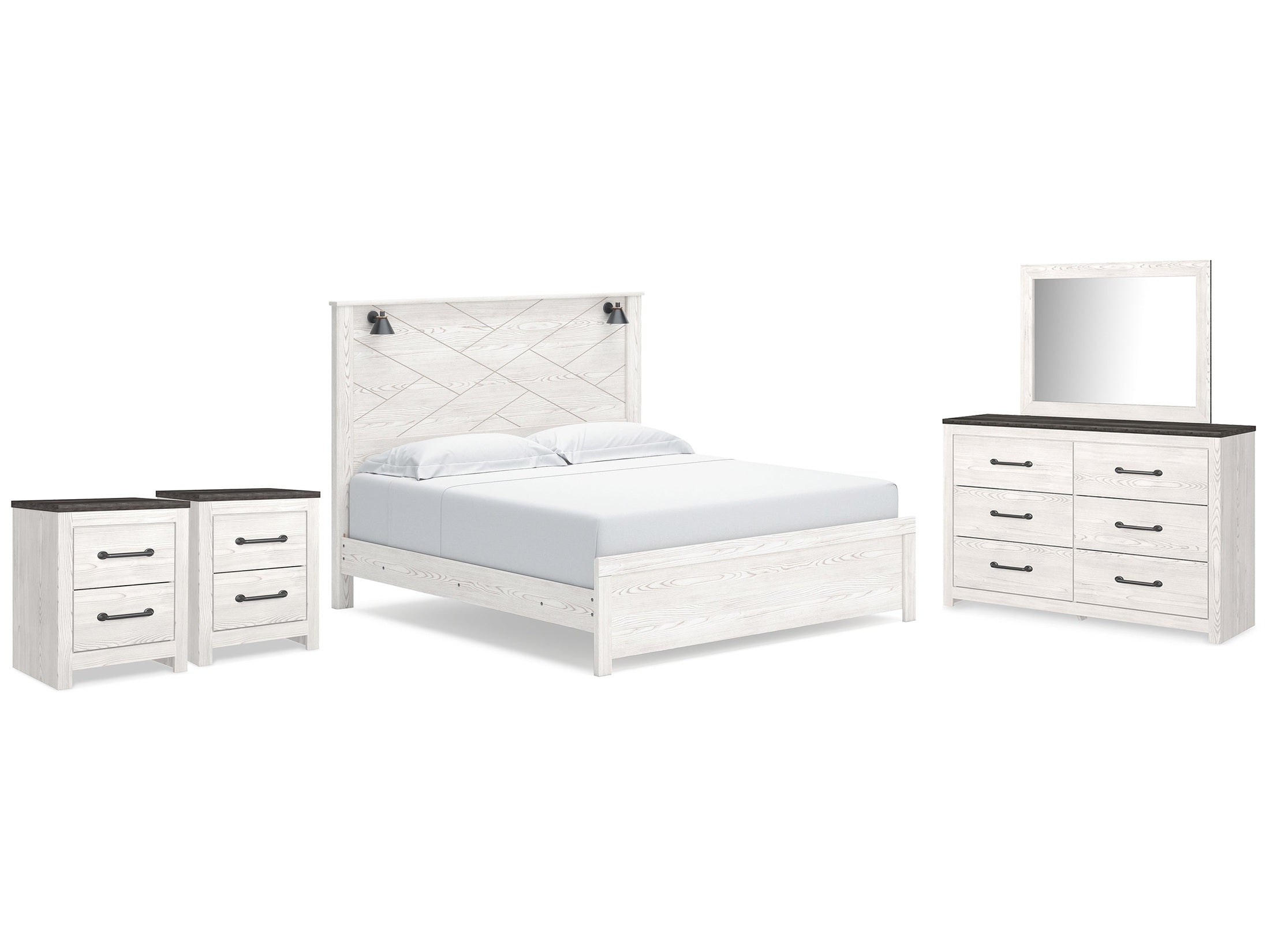 Gerridan /Gray King Panel Bed, Dresser, Mirror and 2 Nightstands, White