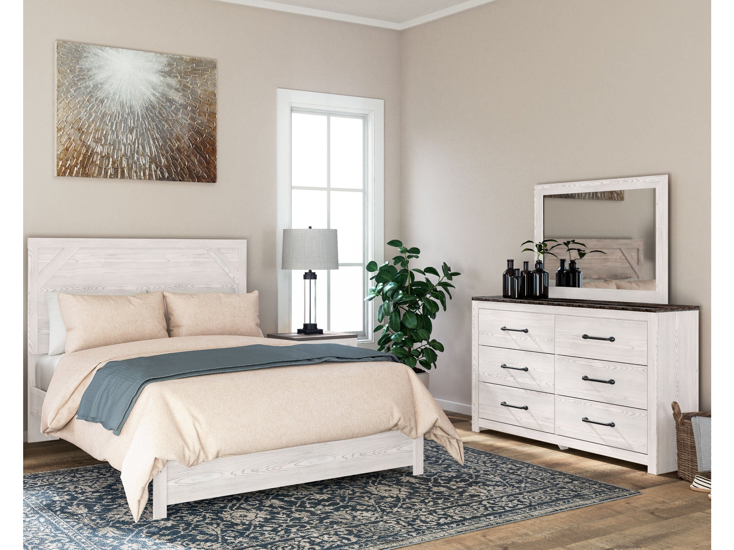 Gerridan White/Gray Queen Bed with Mirrored Dresser and Nightstand