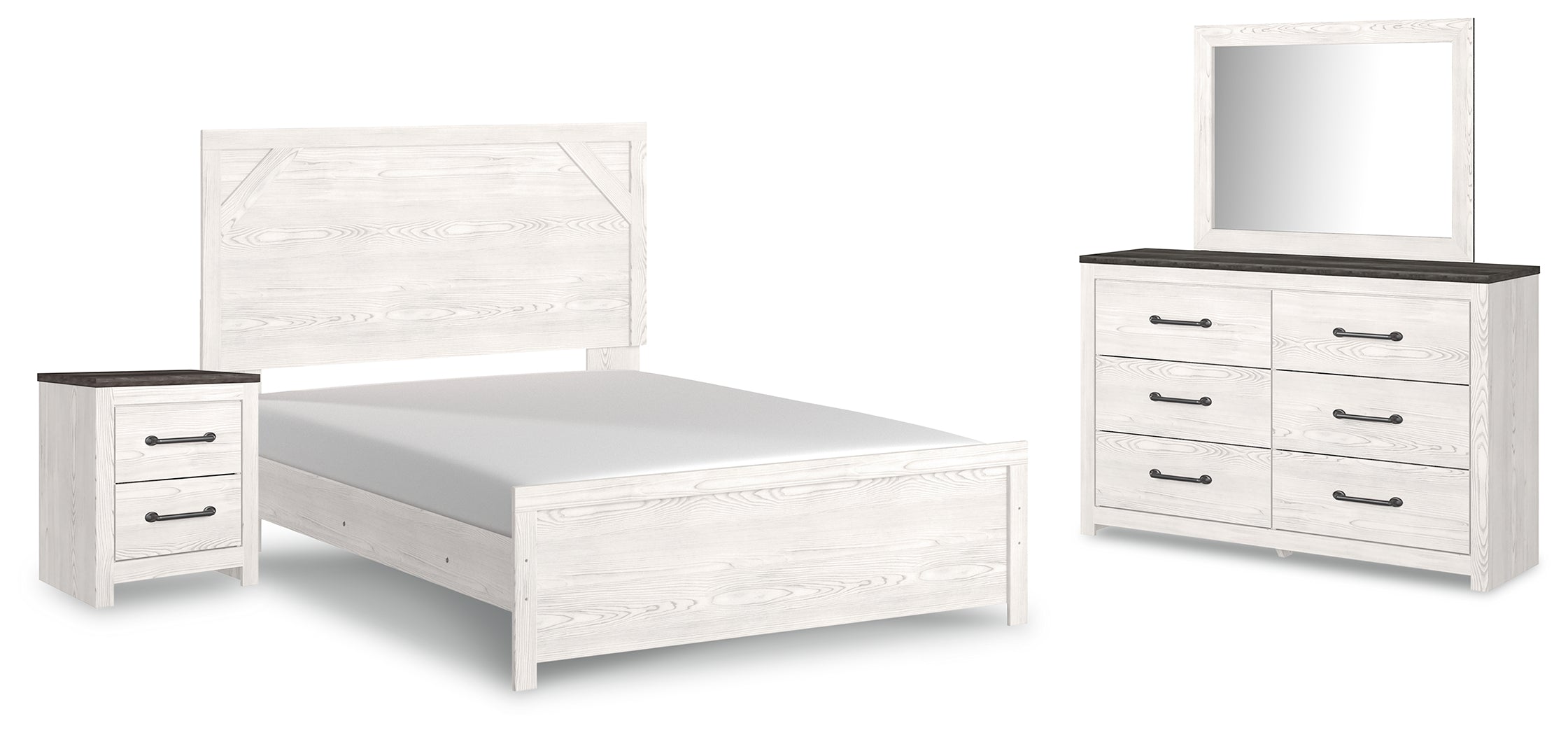 Gerridan White/Gray Queen Bed with Mirrored Dresser and Nightstand