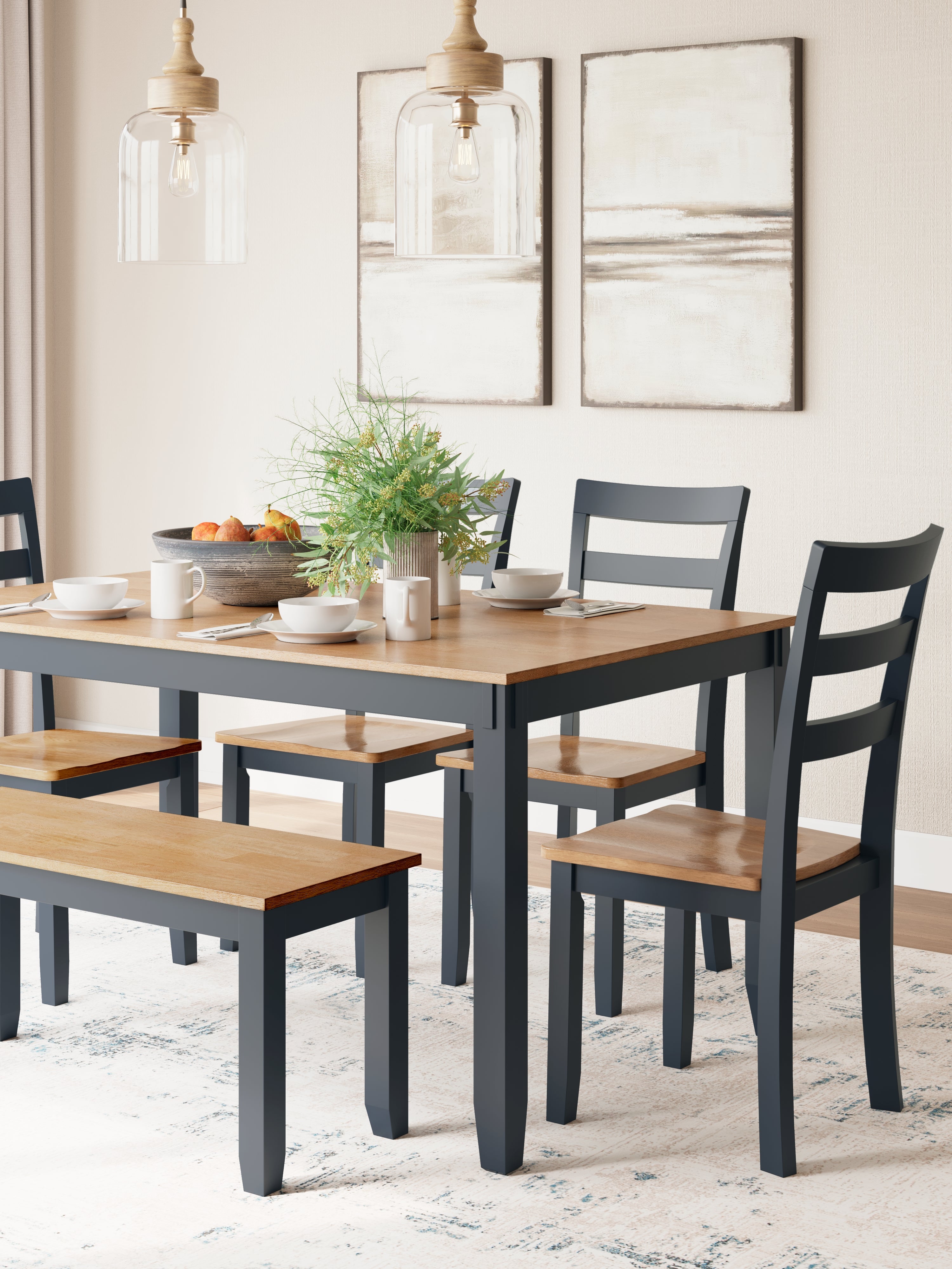Gesthaven Natural/Blue Dining Table with 4 Chairs and Bench (Set of 6)