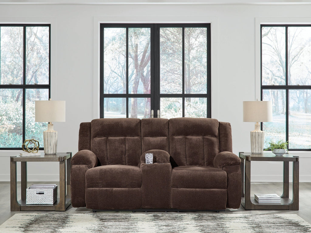 Greely Bend Chocolate Power Reclining Loveseat with Console