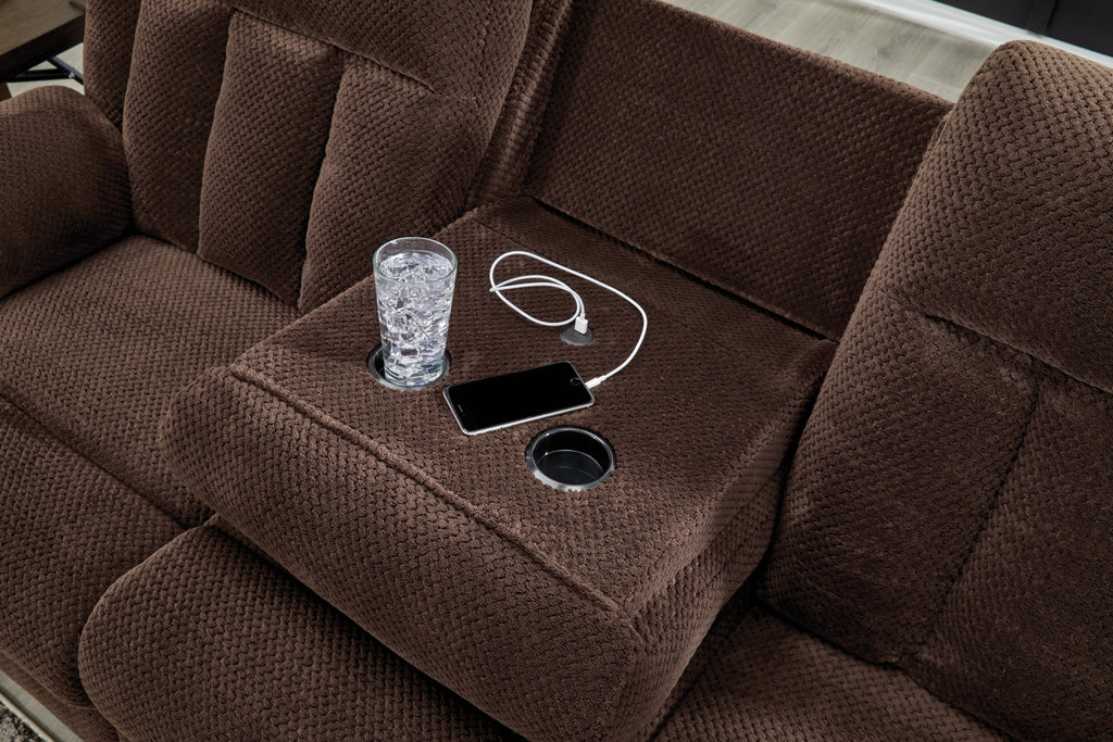 Greely Bend Chocolate Power Reclining Sofa with Drop Down Table