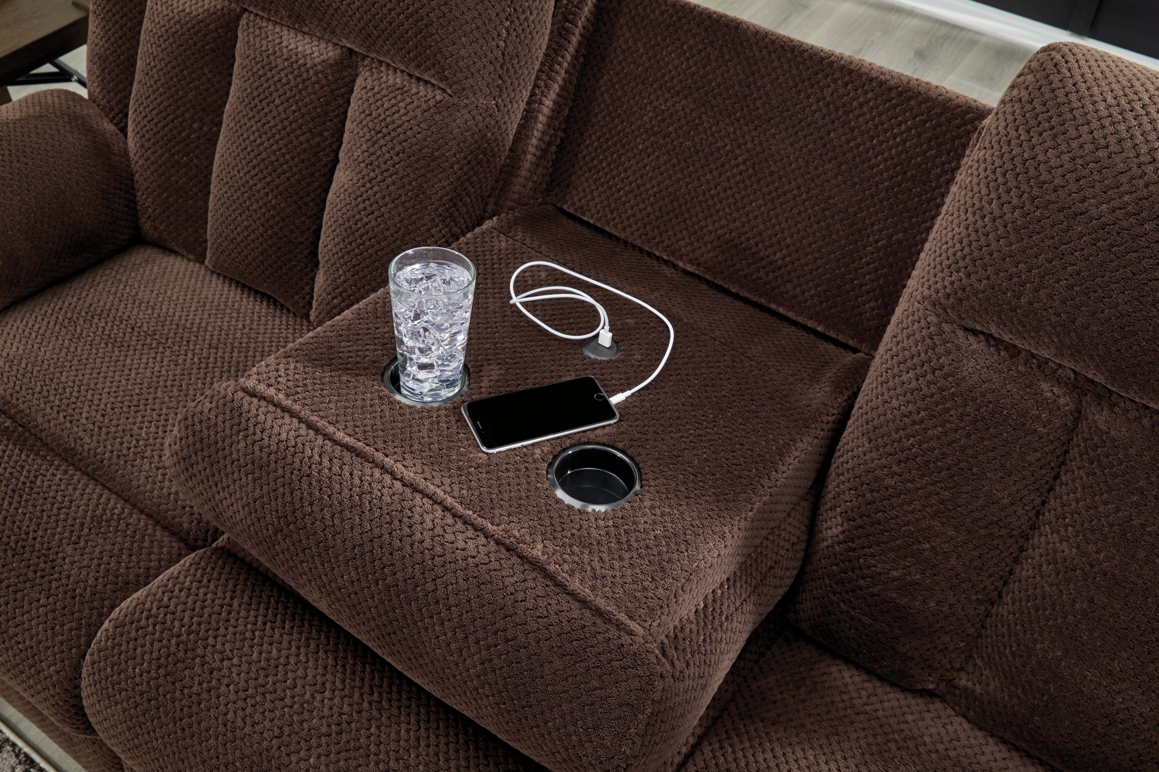 Greely Bend Chocolate Power Reclining Sofa with Drop Down Table