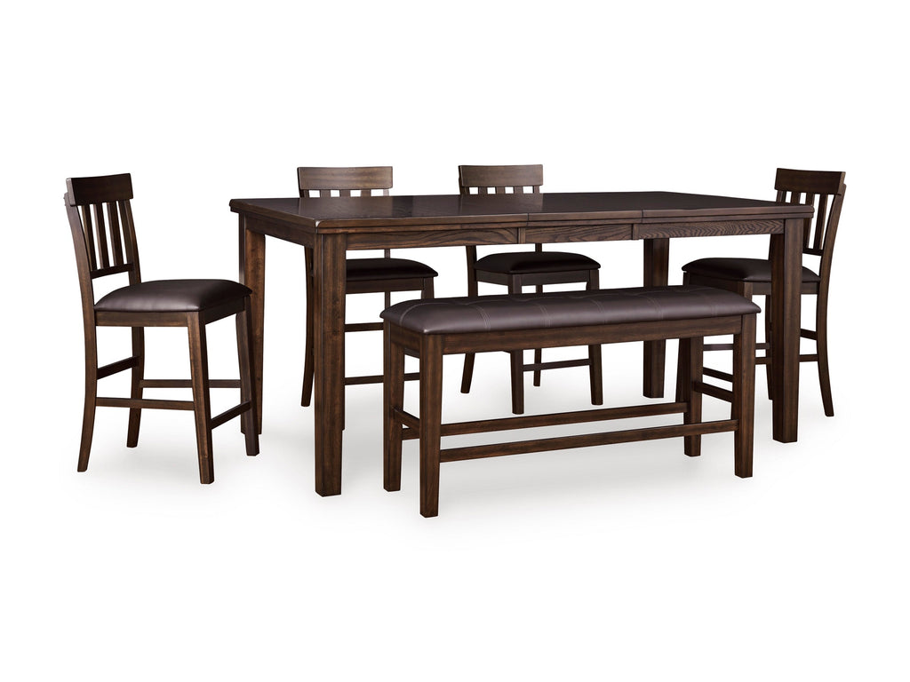 Haddigan Dark Brown Counter Height Dining Table, 4 Barstools and Bench