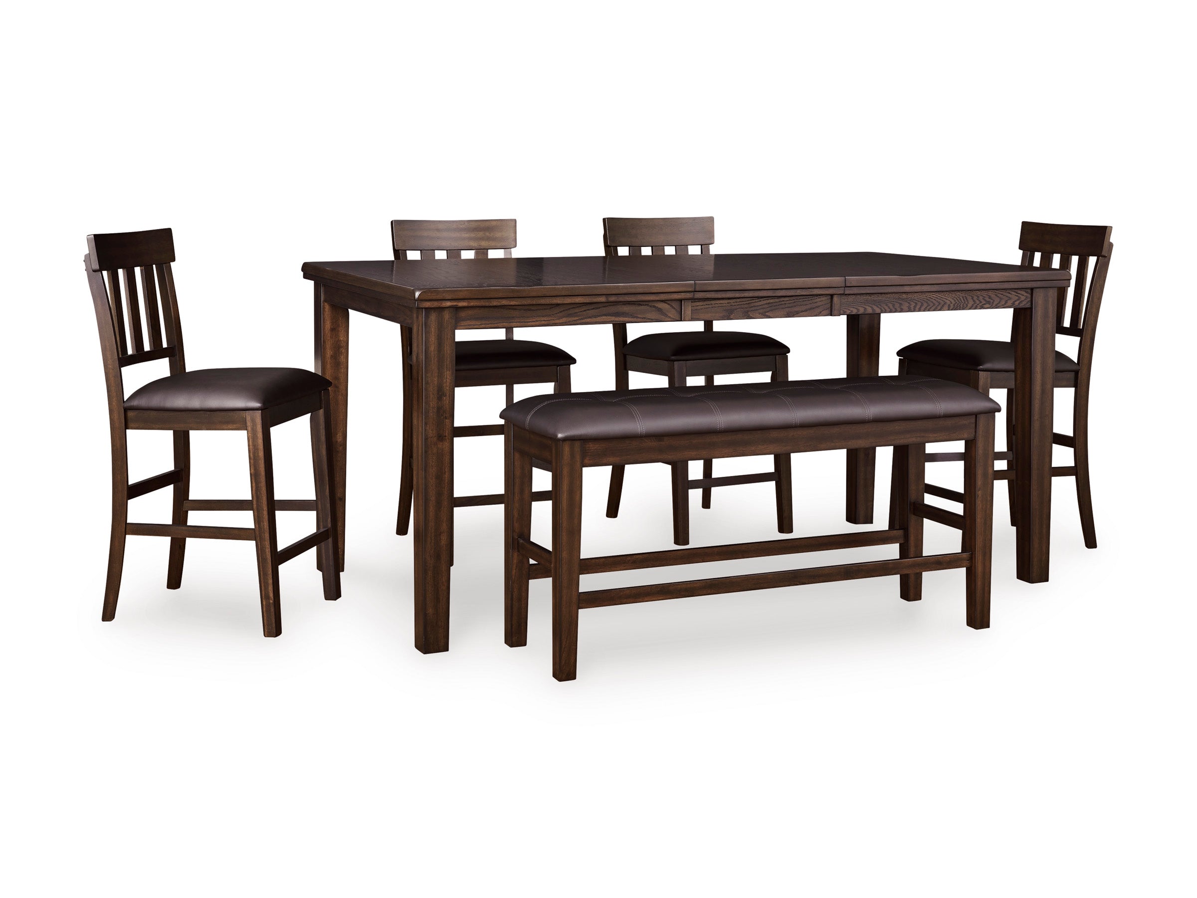 Haddigan Dark Brown Counter Height Dining Table, 4 Barstools and Bench