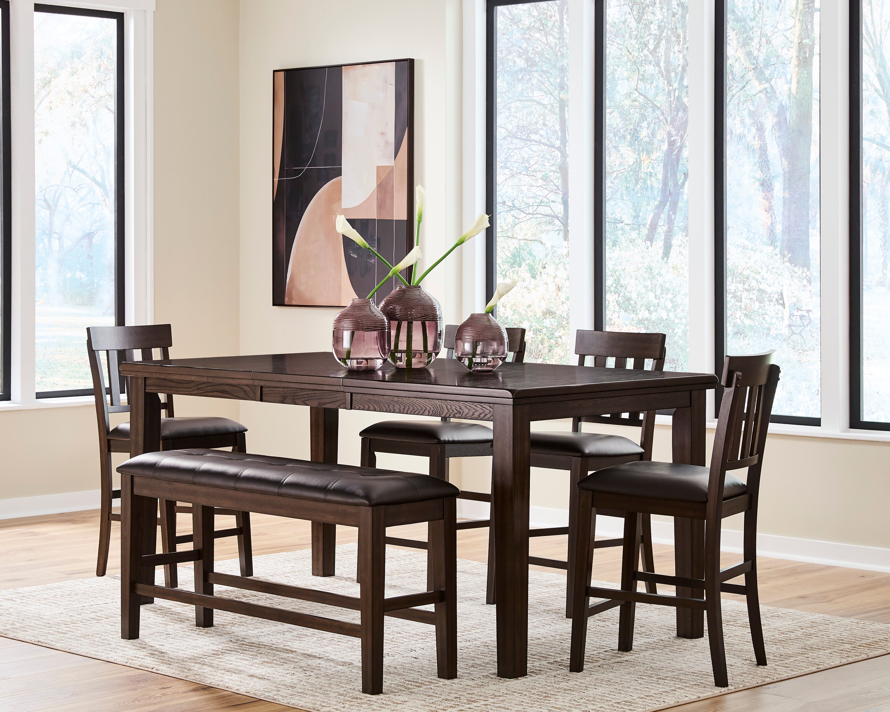Haddigan Dark Brown Counter Height Dining Table, 4 Barstools and Bench