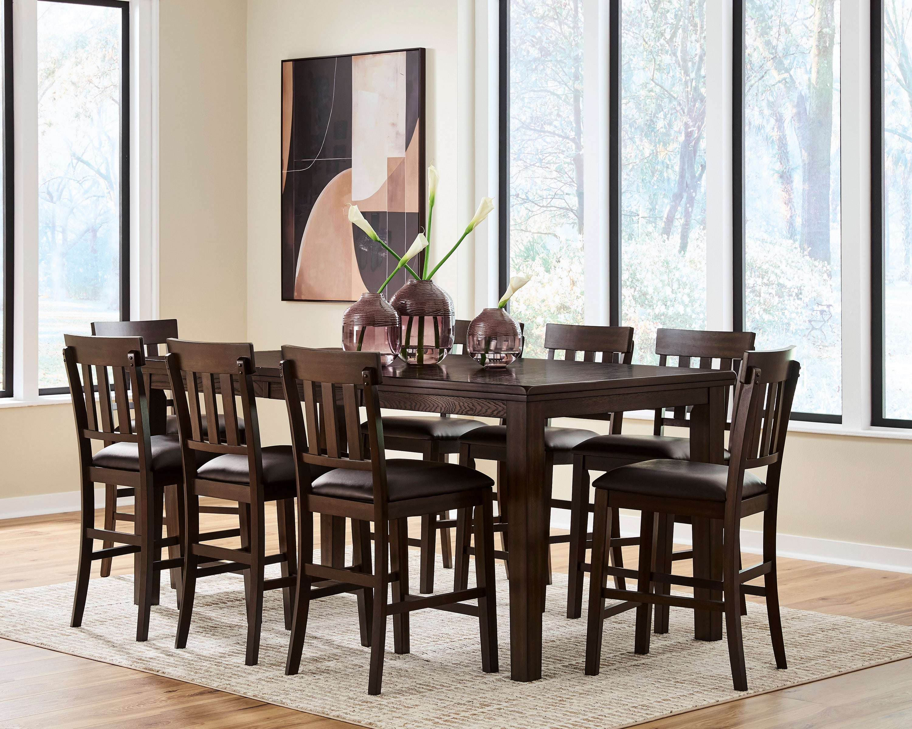 Haddigan Dark Brown Counter Height Dining Table and 8 Barstools