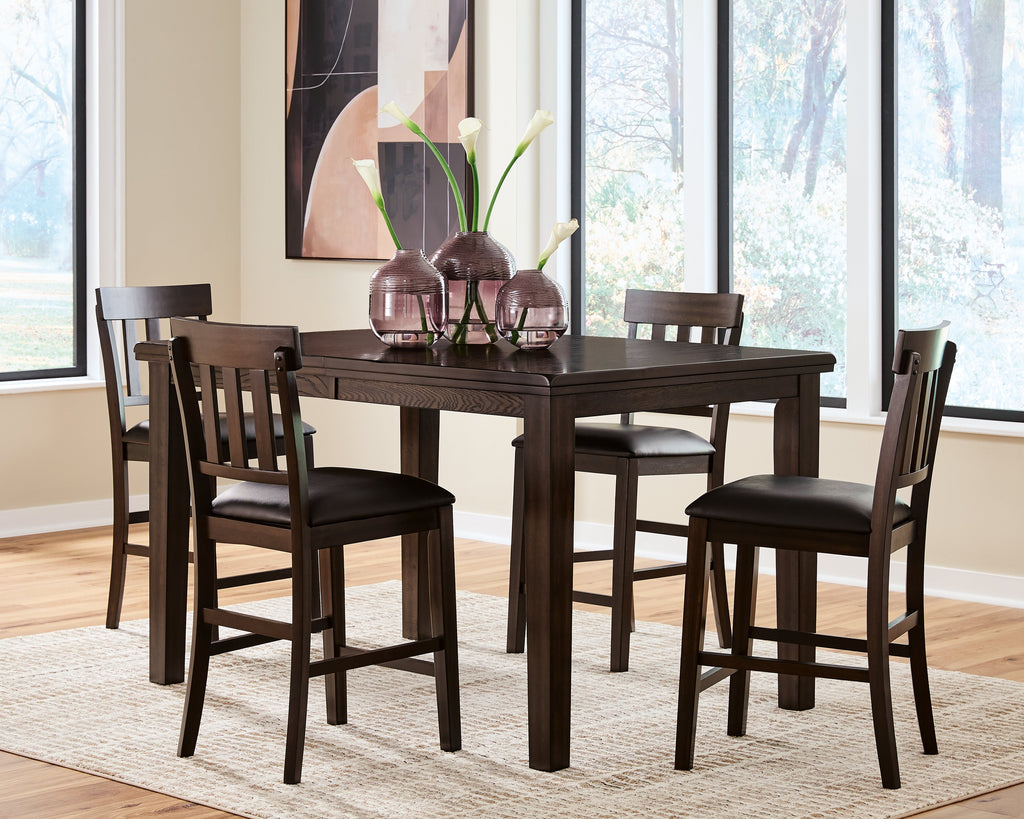 Haddigan Dark Brown Counter Height Dining Table and 4 Barstools