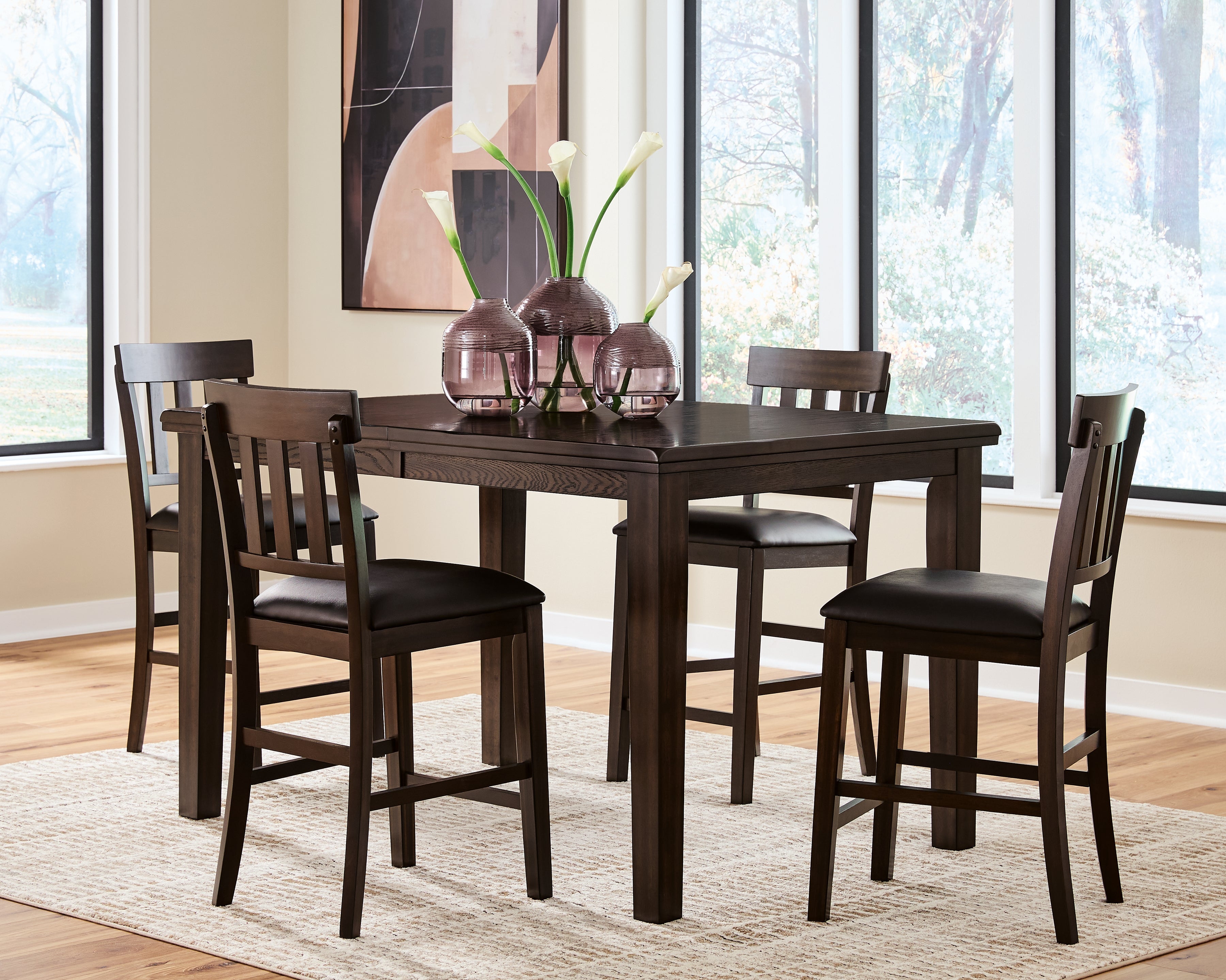 Haddigan Dark Brown Counter Height Dining Table and 4 Barstools