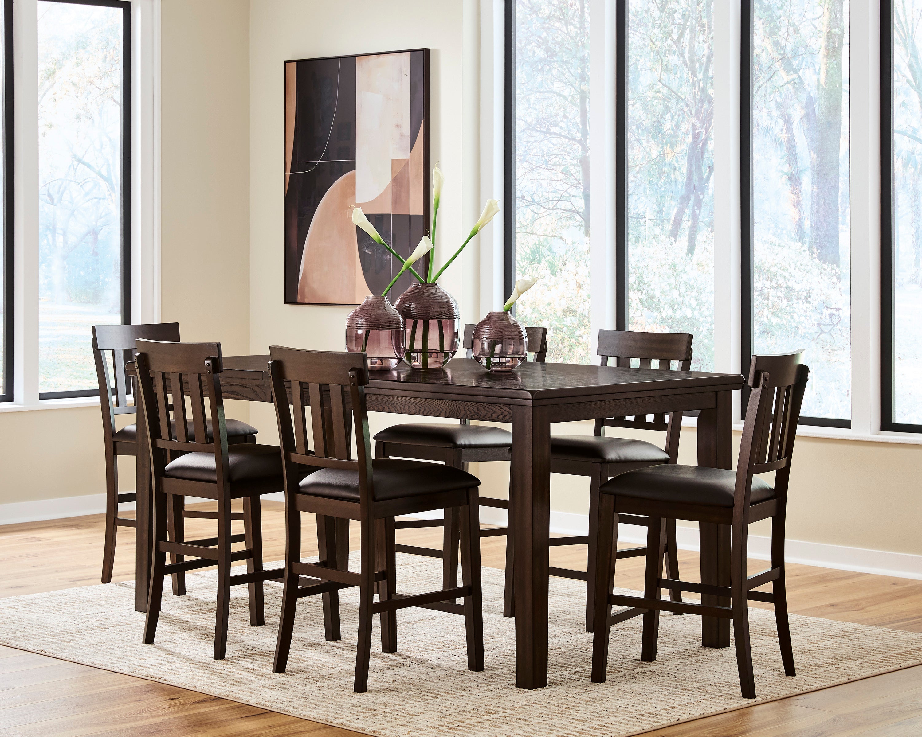 Haddigan Dark Brown Counter Height Dining Table and 6 Barstools