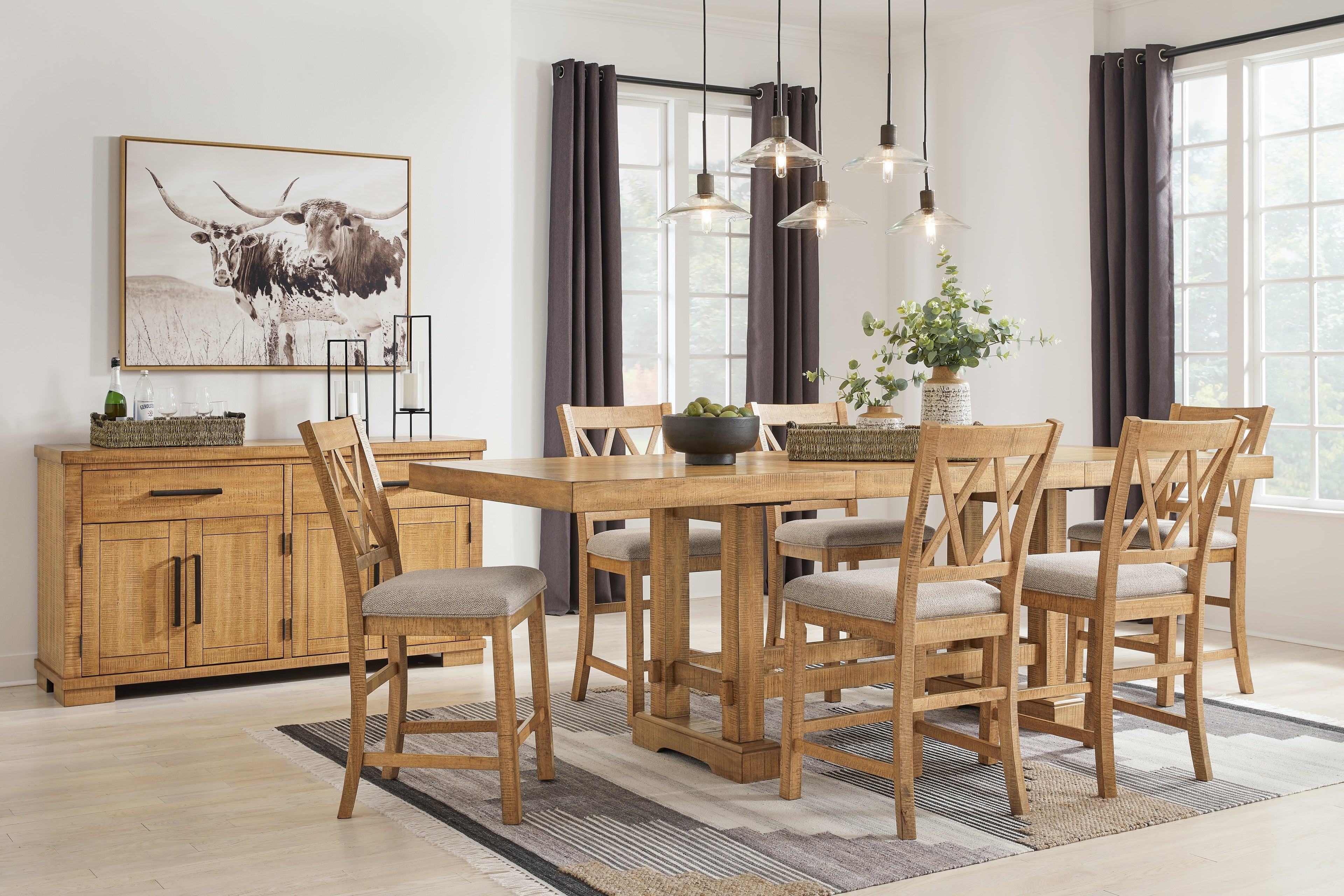 Havonplane Brown Counter Height Extension Dining Table and 6 Barstools