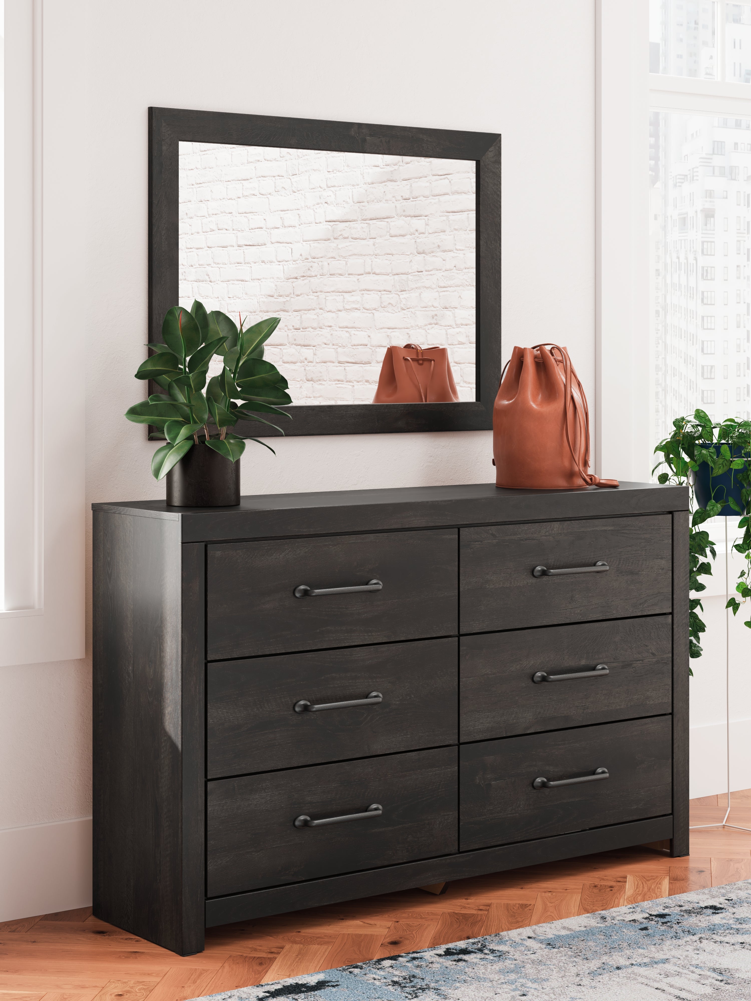 Hollivern Dark Gray Full Panel Bed, Dresser and Mirror