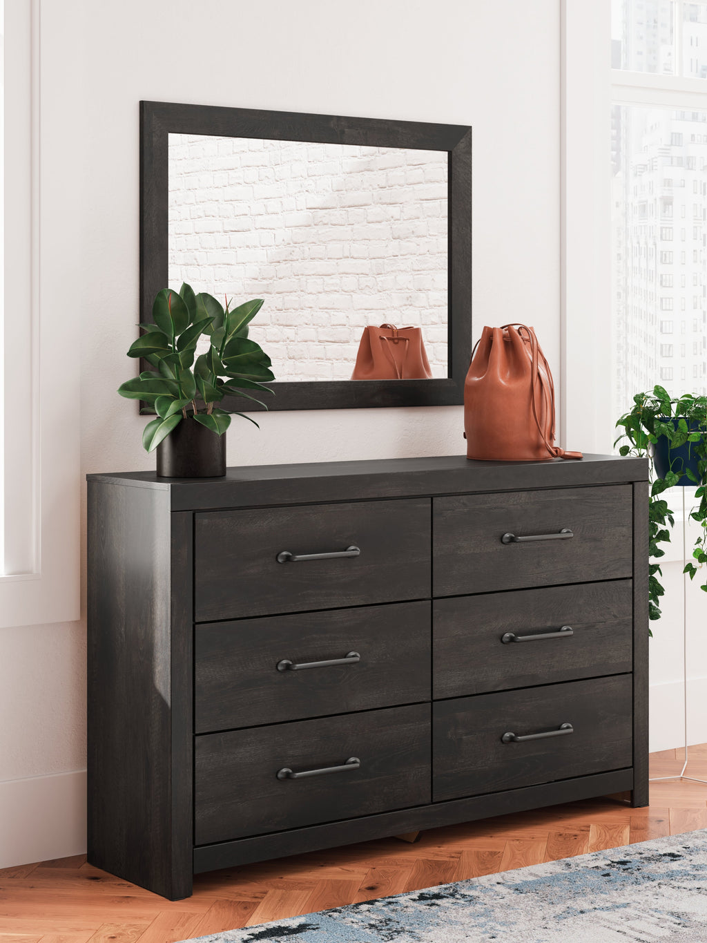 Hollivern Dark Gray Queen Panel Bed, Dresser and Mirror